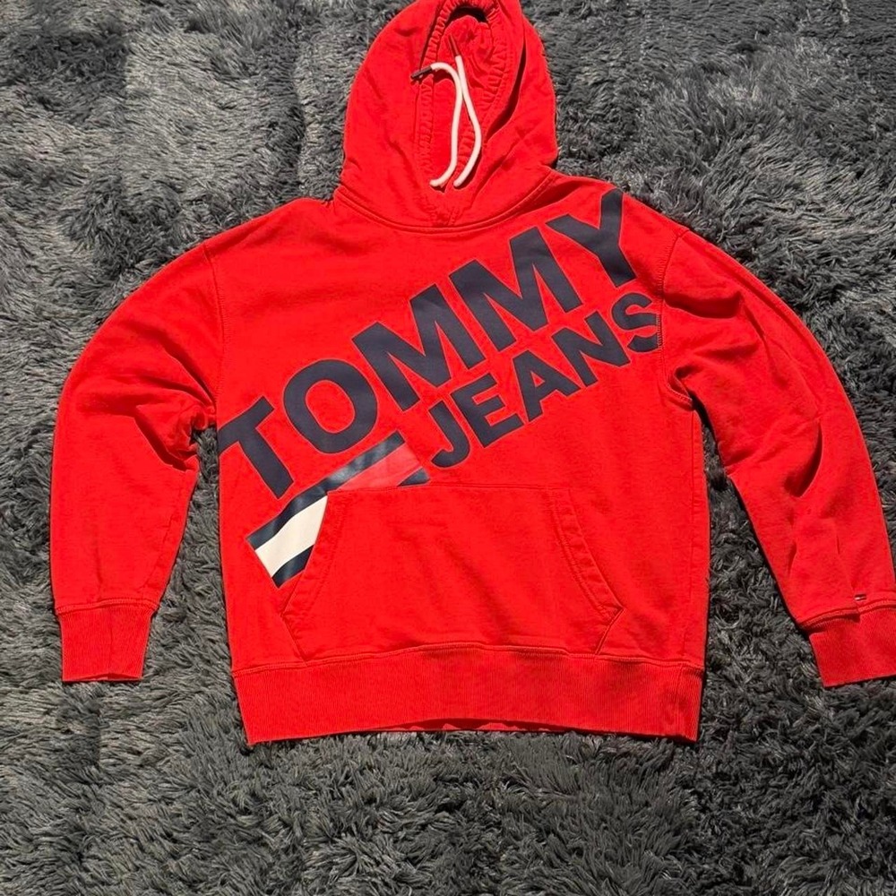 Tommy Hilfiger red hoodie with blue 'TOMMY JEANS'